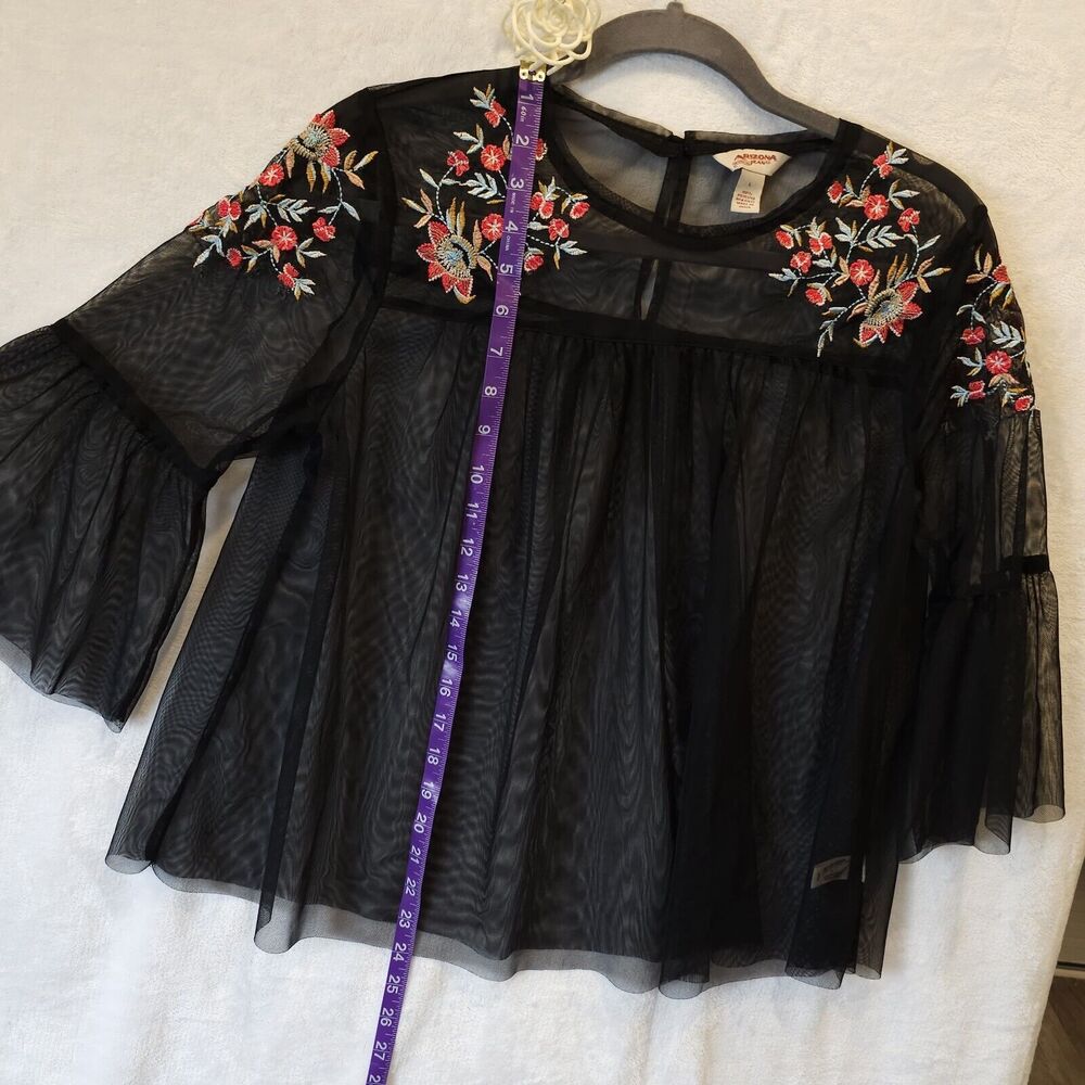 Whimsygoth Fairy Top Blouse Sz L Bell Sleeve Embroidered Floral Flowy Sheer Mesh - Picture 5 of 7